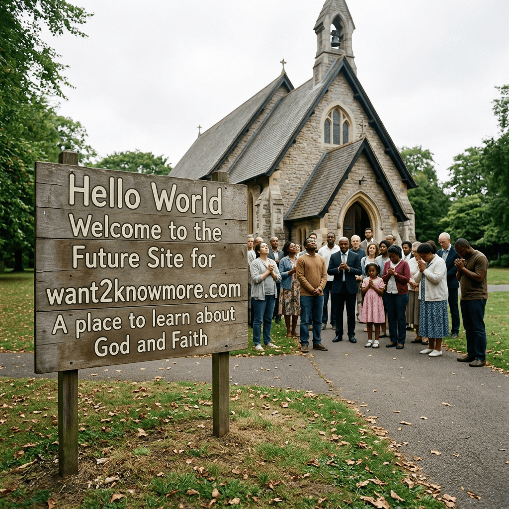Sign reads “Hello World Welcome to the Future Site for want2knowmore.com A place to learn about God and Faith,” beside a church and gathered people.